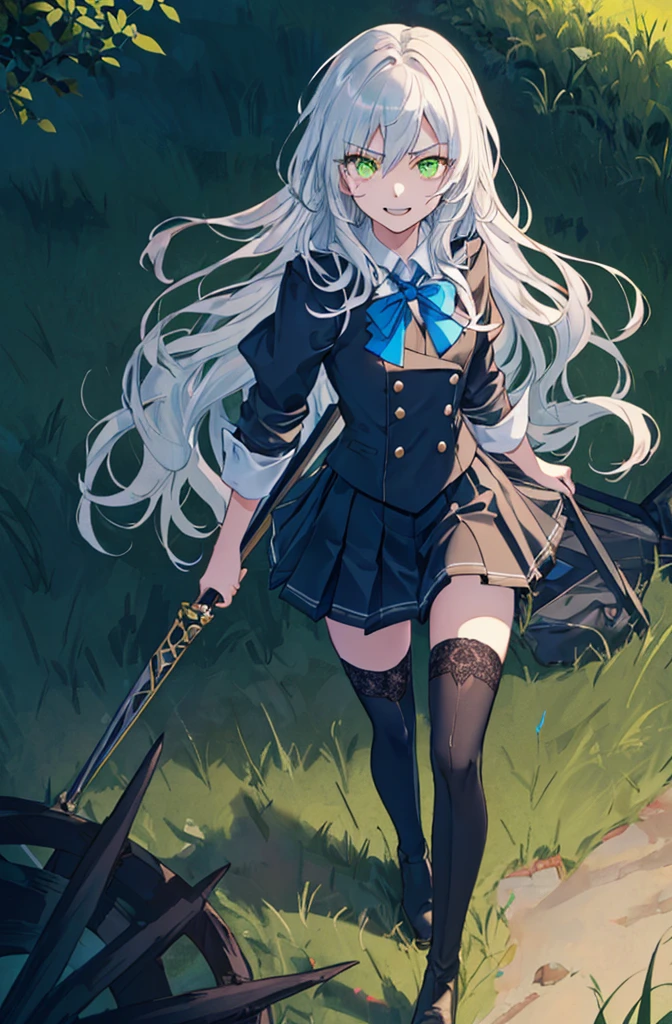 hill background,original,(illustration:1.1),(best quality),(masterpiece:1.1),(extremely detailed CG unity 8k wallpaper:1.1), (colorful:0.9),(mid shot:0.95),(highly detailed beautiful face and body),(solo:1.2), (girl),(((adult))), (detailed beautiful eyes:1.15), (beautiful face:1.15), (glowing green eyes:1.25////),((jewel-like eyes)),(petite),(cute girl),(((blue long hair))),((blue long hair)),(wavy hair),((wavy hair)),(+perfect hand+:1.21),(gothic school uniform),(Religious),(slender),(black clothes),(gothic ribbon),ribbon tie,small breasts,miniskirt,gothic boots,black thighhighs,slim body,(evil smile),detailed background,eluding,erotic thighs,((stand ready for enemy attack)),((on the hill)),((angle from above)),(angry),slightly elevated location,There is a little grass and trees around,You can see the village in the distance,from side,