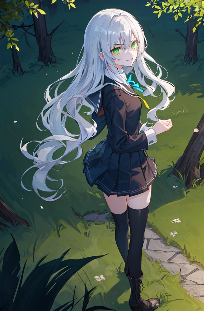 hill background,original,(illustration:1.1),(best quality),(masterpiece:1.1),(extremely detailed CG unity 8k wallpaper:1.1), (colorful:0.9),(mid shot:0.95),(highly detailed beautiful face and body),(solo:1.2), (girl),(((adult))), (detailed beautiful eyes:1.15), (beautiful face:1.15), (glowing green eyes:1.25////),((jewel-like eyes)),(petite),(cute girl),(((blue long hair))),((blue long hair)),(wavy hair),((wavy hair)),(+perfect hand+:1.21),(gothic school uniform),(Religious),(slender),(black clothes),(gothic ribbon),ribbon tie,small breasts,miniskirt,gothic boots,black thighhighs,slim body,(evil smile),detailed background,eluding,erotic thighs,((stand ready for enemy attack)),((on the hill)),((angle from above)),(angry),slightly elevated location,There is a little grass and trees around,You can see the village in the distance,from side,