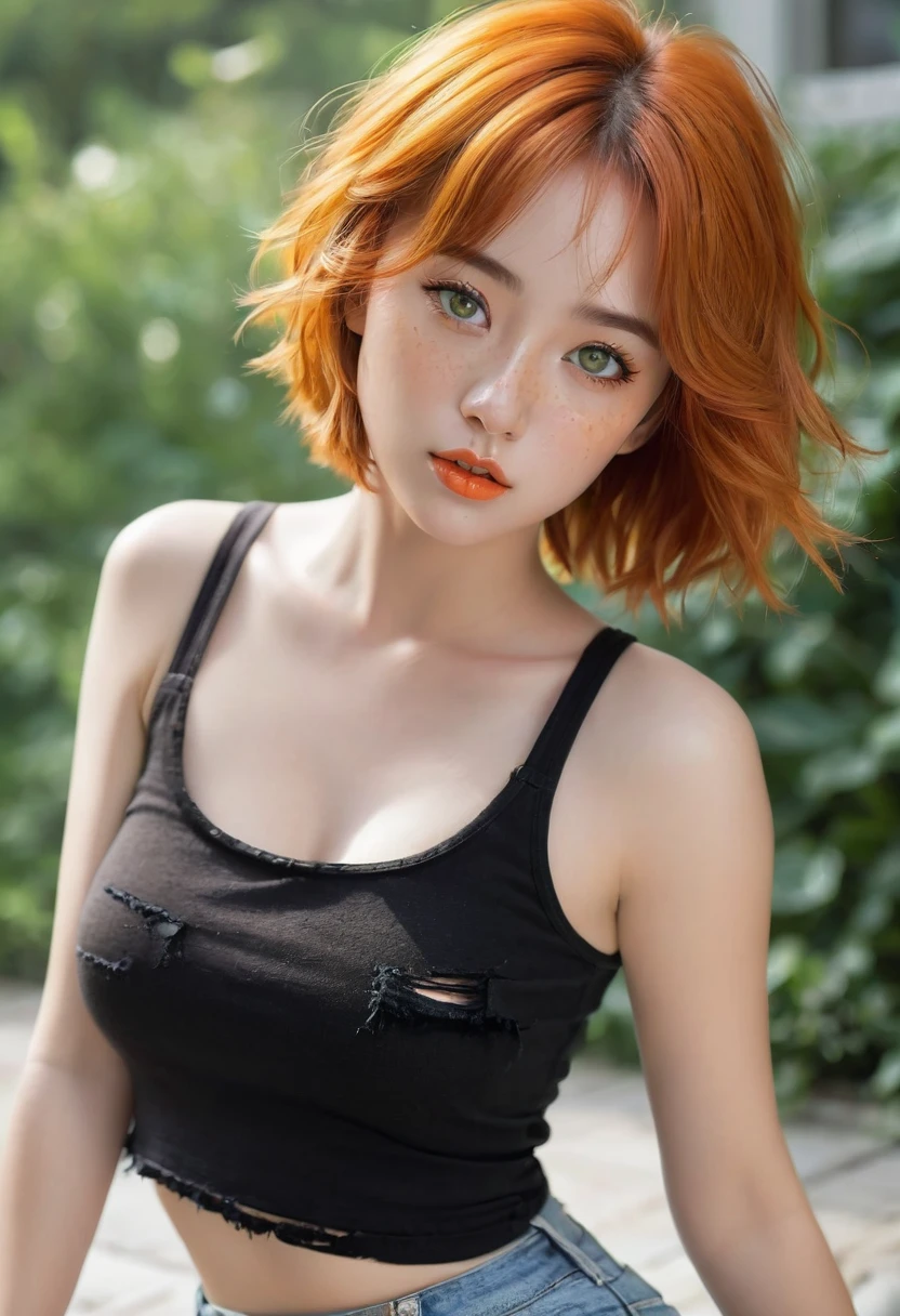 realistic cat ears, (panties pulled to the side), vaginal, chest grabbed, 1boy, cum, dress, bangs, (orange hair: 2.6 ), (bob cut: 1.5)