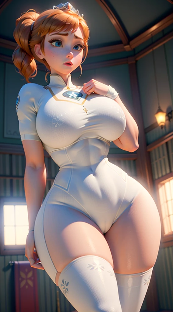 Photo of Anna of Arendelle wearing white gym outfit, Nice, show breasts, huge breasts, tall, sexy legs, bursting huge breasts, cameltoe, from below, legs slightly departed, legs slightly apart. Dia ensolarado, mostras seus peitos grandes 