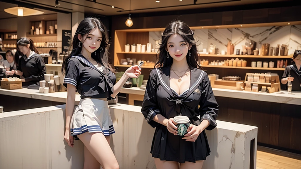 ((((((Sailor suit schoolgirl))))))、

(((((Two Women)))))
8k、RAW Photos、Highest quality、Super detailed、Super Resolution、Ultra HD、8k wallpaper、Amazing details
((((Inside the Starbucks store))))

(((Sit down and eat cake、Drink coffee、smile、Heart Necklace)))((Emphasize cleavage))
(Full body photo)
