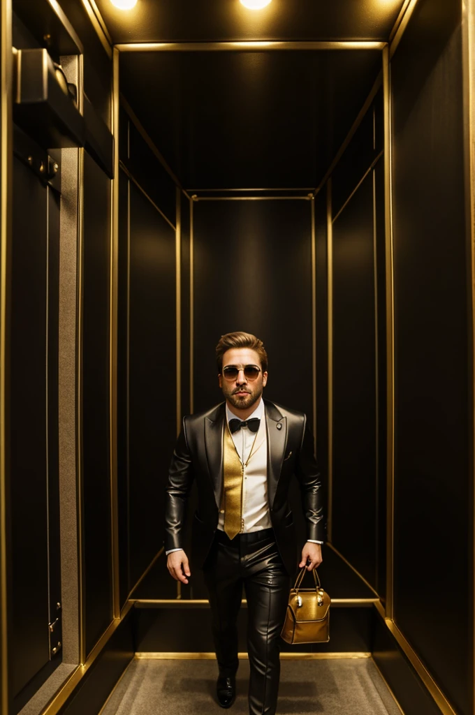 hamster in Bank vault, elegant hamster, boss, lord, full body, elegant dressing, black leather suit and tie, black leather dressin, sunglasses, many gold, bags full of 100 dollar, bundle of 100 dollars, colofull