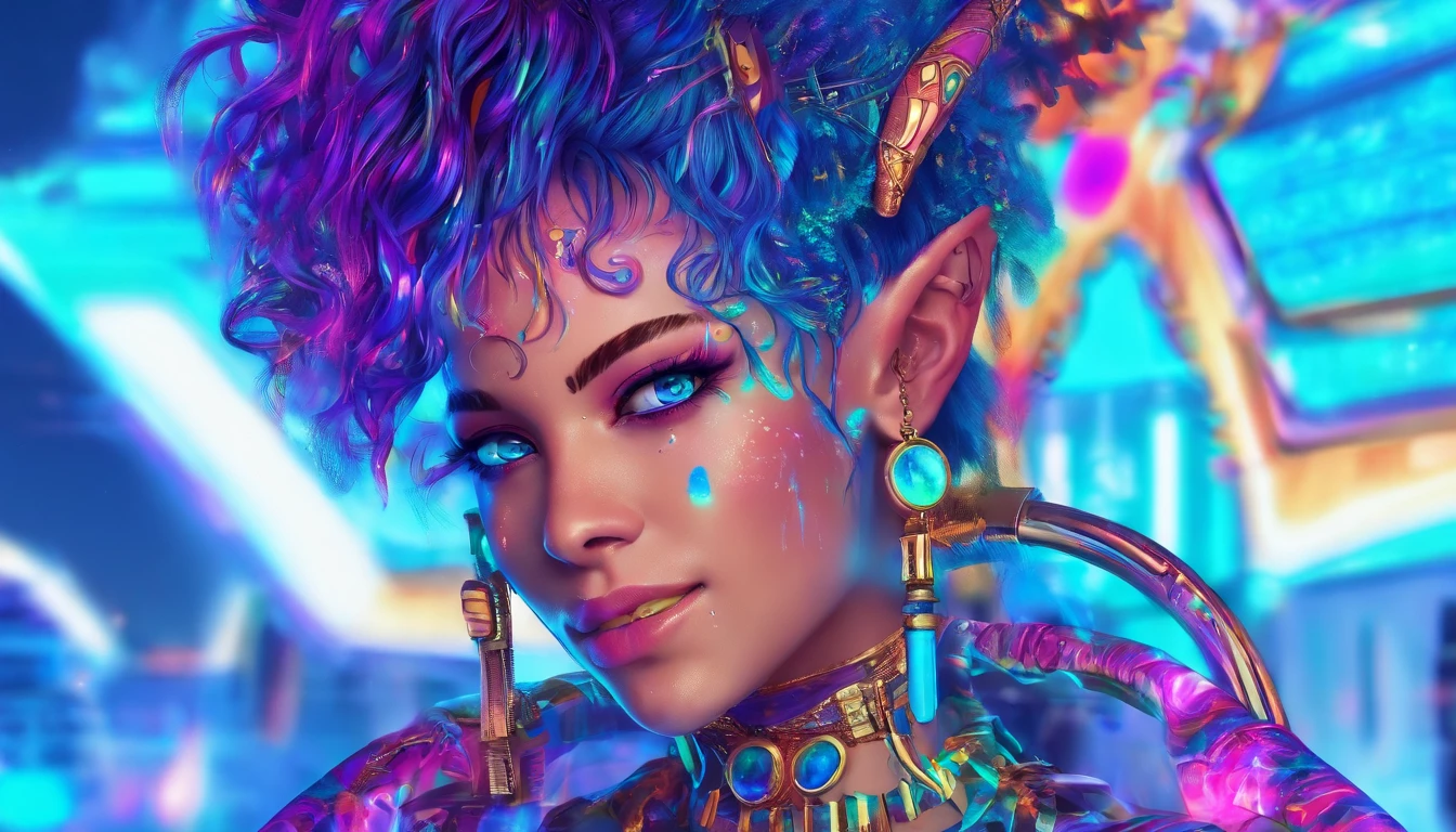 blue humanoid avatar with bioluminescent avatar markings, Spots and patterns on your skin. tribal clothing, Elf pointy ears. avatar like hair, hair-color: blackw, bright, shining blue eyes, slightly shimmering iridescent blue skin. female, warrior like, magical and mystical, detailed and realistic. Blue skin tone only. Only blue colored skin. Skin color all blue.
