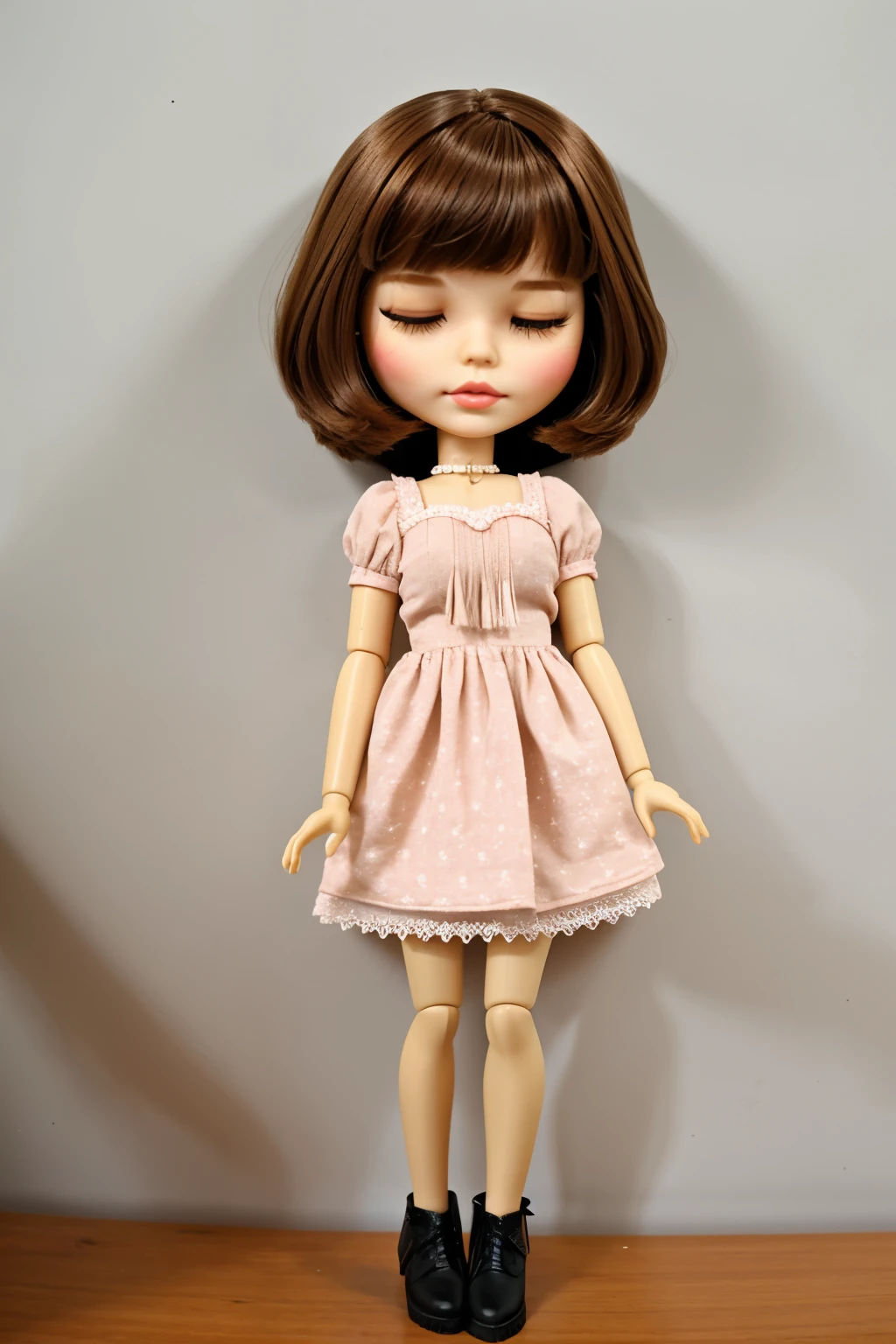 Blythe doll short brown hair,Closed eyes, fringe and coquette style