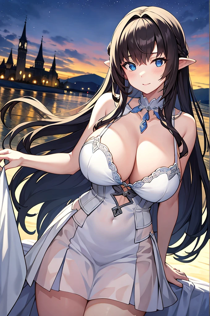 masterpiece, best quality, emphasize, 1個Giant Breast Girl,Fairy tale princess,Black long hair, Big ,White transparent nightdress,