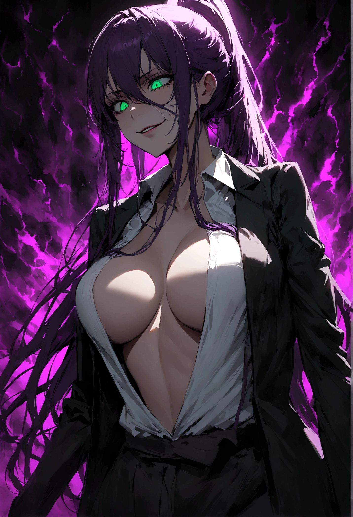 young woman, long straight dark purple hair, high ponytail, few strands of hair at the side of her face sharp emerald green eyes,black jacket, white shirt, large breast, cowboy shot, volumptios body, open shirt, evil smile, dark aura, monster controlling the woman