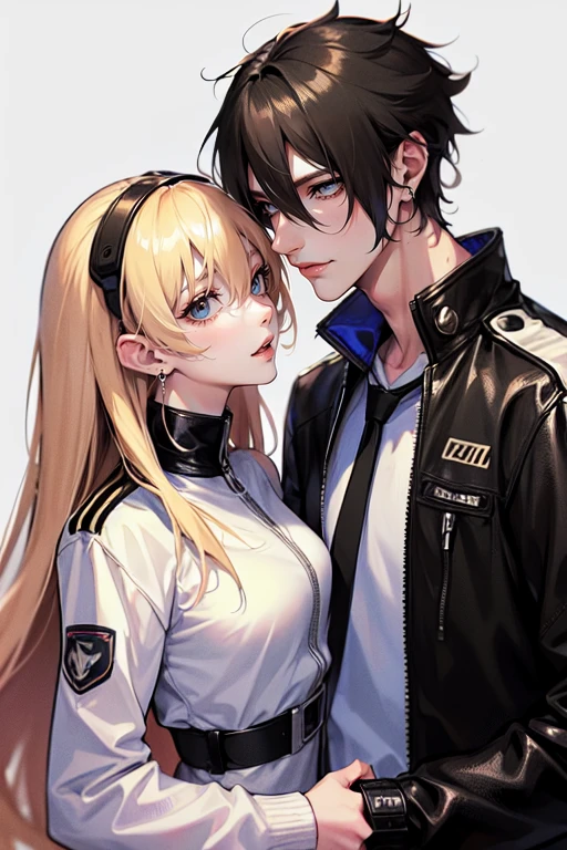 1 guy and. 1 girl. (tall man,(man is taller than me woman) messy black-haired man wearing a pilot space outfit.),(a thin woman, long blonde hair, green eyes, cheerleader) best quality, adorable, ultra-detailed, illustration, complex, detailed, extremely detailed, detailed face, soft light, soft focus, perfect face. In love, illustration. two people, couple: make the couple into a comic strip. Make them in space outfits 