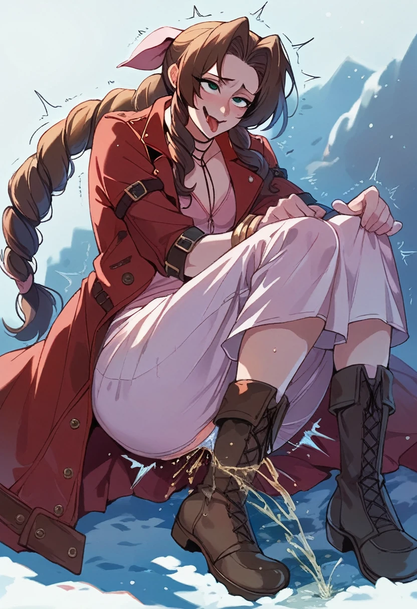 Aerith in a long coat and boots、Tipsy、Snow is piled up、Alone, trembling with an ahegao face, urinating、Masturbation、Long skirt、Pissing with panties on、Smirk、Rolling up the whites of one&#39;s eyes、Wide-open eyes、Mouth wide open with tongue sticking out、(10 Hearts)、Herahela、Looks happy、Drunk
