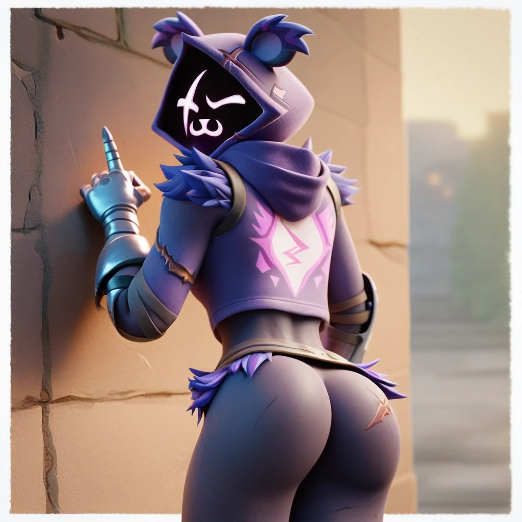 Raven team leader,purple hoodie, with no face, shadowed face, animal ears,purple skin, scar on eye, body skin, purple fur, waist belt, torso symbol, metal gloves, pointing your ass at the viewer, leaning forward, pushing, she closes her eyes, hands resting on top of a small wall, arms on top of a wall with her eyes closed, expression of force. scenery and a sunny day