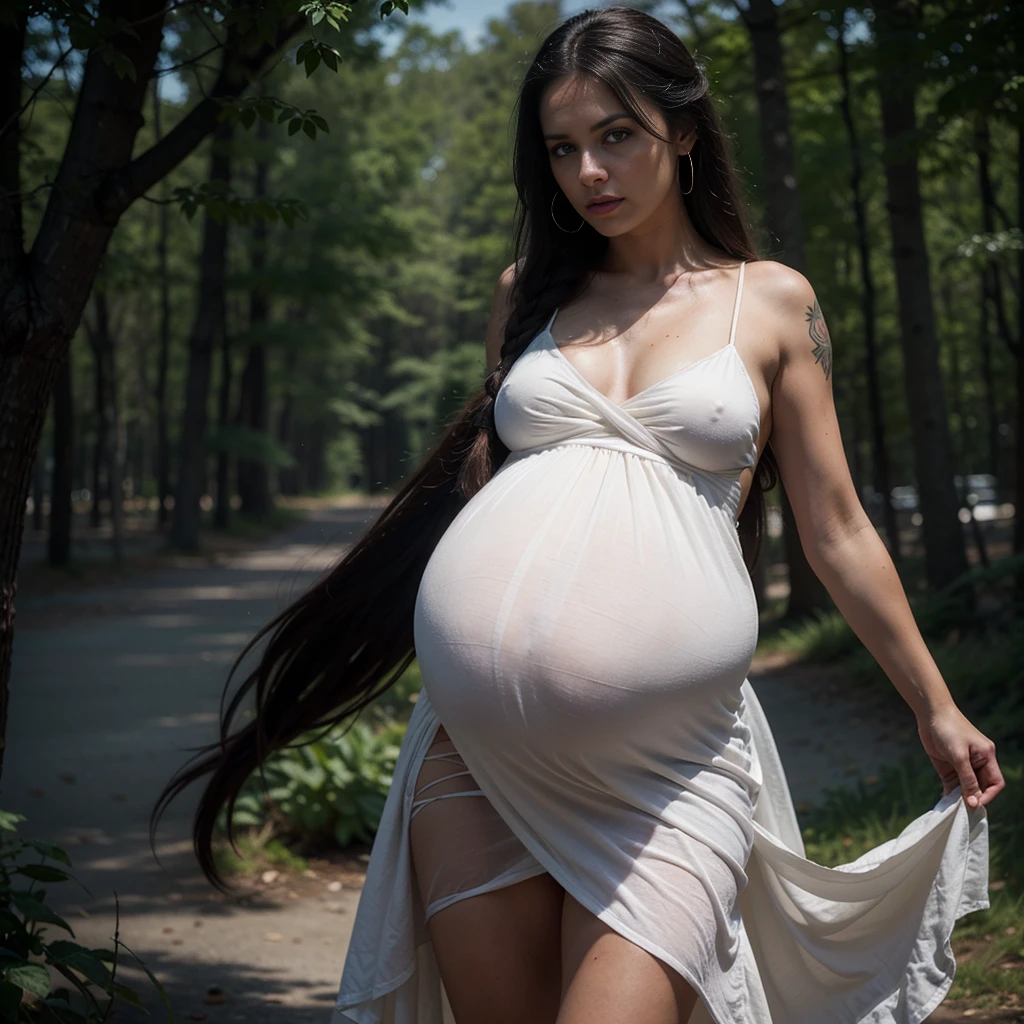 (Pregnant Swedish woman very long black braided hair with clear blue eyes wearing large white dress is dancing pirouetting, tattoos on body, outdoor), high details, photorealistic. [8K, Best Quality, Masterpiece, Ultra High Resolution, (highly detailed CG unity 8k wallpaper), (best photo), (best shadows), isometric 3D, octane rendering, ray tracing, highly detailed, (wide panoramic view: 1.1), (Best quality, 4K, 8k, A high resolution, masterpiece:1.2), absurdity, masterpiece, ultra detailed, (realistic, photorealistic, photorealistic:1.37), complex parts, HDR, (complex parts:1.12), (hyper detailed, hyper realistic, Soft lighting, spicy:1.2), (complex parts, Hyper detailed:1.15). Blurred foreground. (backlit), realistic, masterpiece, high quality, brightness, chromatic aberration, by Jeremy Lipking, 8k uhd, some smoke, shadows, contrast, clear sky, (warm hue, warm tone), high details, natural reflections].
