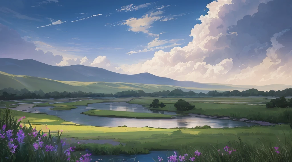 16k quality, masterpice, epic light, natural Subsurface scattering on plants, big and gorgeous skies, ultra detailed flowers with different colors in prim plan, dinamic river being by grass, contrast and joyfull and bright real-nature colors, defined flowers, proportional flowers, very bright day