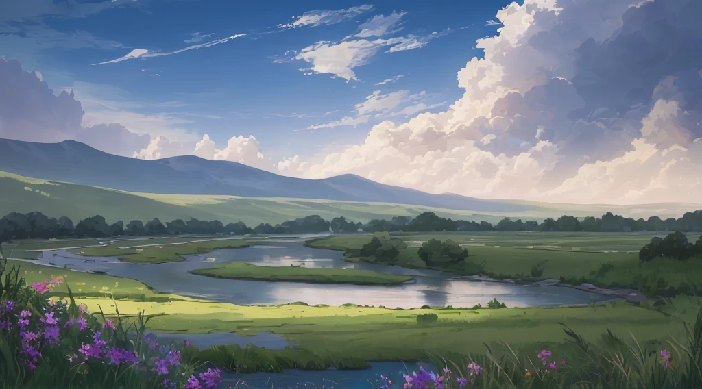 16k quality, masterpice, epic light, natural Subsurface scattering on plants, big and gorgeous skies, ultra detailed flowers with different colors in prim plan, dinamic river being by grass, contrast and joyfull and bright real-nature colors, defined flowers, proportional flowers, very bright day