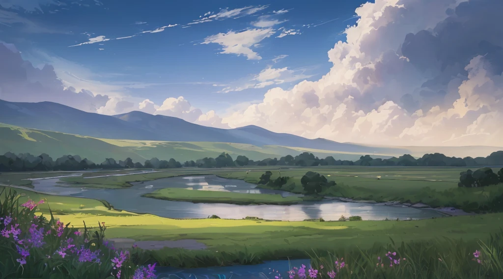 16k quality, masterpice, epic light, natural Subsurface scattering on plants, big and gorgeous skies, ultra detailed flowers with different colors in prim plan, dinamic river being by grass, contrast and joyfull and bright real-nature colors, defined flowers, proportional flowers, very bright day