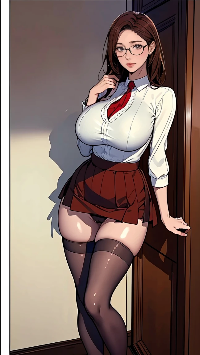 8K, RAW photos, best quality, masterpiece, Practical, Practical, (1 extreme beauty),full-body shot, The face is rich in detail, Fine particles, Double eyelids, eyelash, Grin, Lip detail, Brown long hair, Large Breasts, (Black Lace Fishnet Bodysuit), ((Red hip skirt)), Cowboy shooting, , ((Written border depth)) ,Tape your mouth shut,Soaked white shirt、Blonde plump busty woman holding book and glasses, woman in black suit, Wearing a serious suit, Female Merchant, Wearing a suit的女人, Girl in a suit, Office attire for women, Wearing a suit,Wearing black glasses, Girl in a suit, young Female Merchant, Wearing a suit, Business Attire, Wearing a suit,Proceed with caution when wearing glasses,((17 year old Japanese girl)), (((Slim, Tight waist, Thin thighs, Thin arms))), (((side))), (((Firm and huge breasts:1.3))),(camel toe:1.5),(red g-string:1.3),(Black hip skirt),(red heel:1.6)