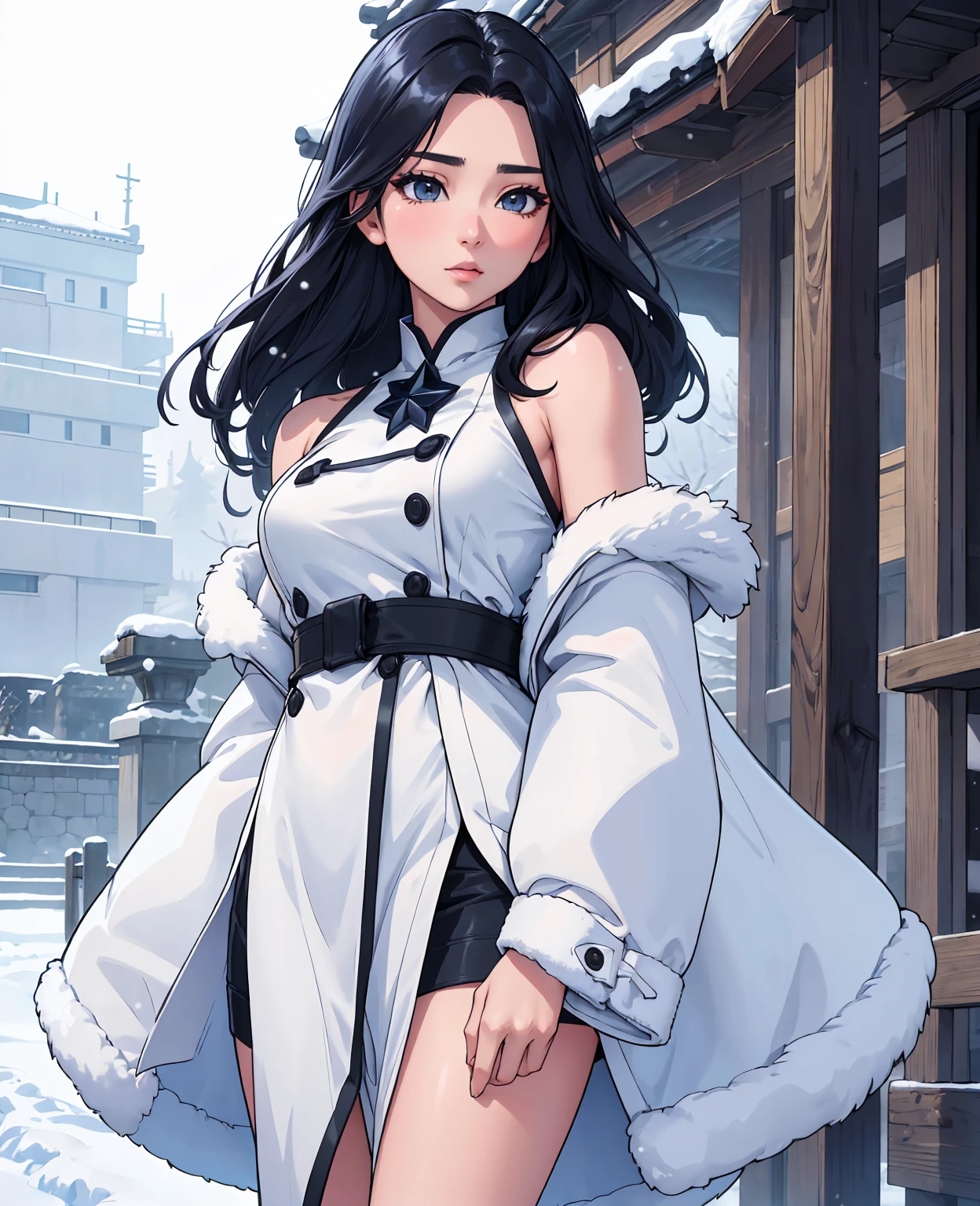 realistic photos of (1 cute Korean star) Shoulder-length hair, thin makeup, medium breasts size, wearing coat, in the snow, clear facial features, 8K high resolution, sharp and realistic details.from outside, Eye-Level Shot, f/4.0, 135mm, Fujifilm, jpeg artifacts, dithering, UHD, masterpiece