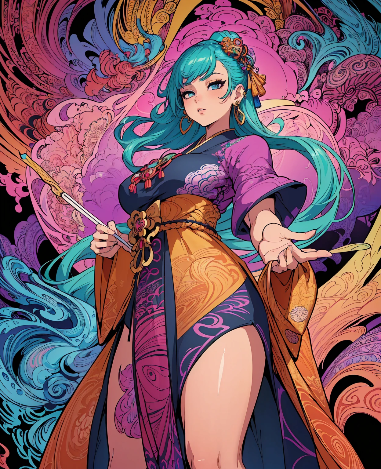 (masterpiece, top quality, best quality, official art, beautiful and aesthetic:1.2), (1girl:1.3), extremely detailed,(fractal art:1.1),(colorful:1.1),highest detailed,(zentangle:1.2), (dynamic pose), (abstract background:1.5), (japanese dress:1.2), (shiny skin), (many colors:1.4), ,(earrings:1.4),