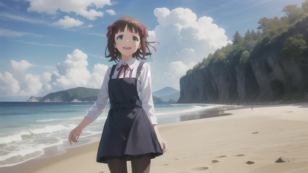 (((Pixel Perfect, Perfect in every detail))),alone,1人of女of子,Amami Haruka,red ribbons,View your viewers,smile,Happy,
Day,null,cumulus clouds,in spring,High resolution,colorful,Volumetric lighting,
depth_of_Field,alone_concentrated,depth of Field,Front view,whole body,
Teen,skinny,thin,thin,(expensive:1.1),
,(blue dress),School_uniform,length_sleeve,shirt,dress,white_shirt,collared_shirt,head_ribbon,apron_dress,Best,wing_collar,(Lace-up_boots:1.1),(black_pantyhose:1.4),Panty lines,
Outdoor,Beach,
(Skin Dentition:1.4),thin thighs,