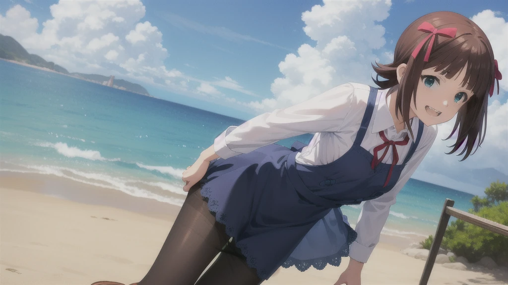 (((Pixel Perfect, Perfect in every detail))),alone,1人of女of子,Amami Haruka,red ribbons,View your viewers,smile,Happy,
Day,null,cumulus clouds,in spring,High resolution,colorful,Volumetric lighting,
depth_of_Field,alone_concentrated,depth of Field,Front view,whole body,
Teen,skinny,thin,thin,(expensive:1.1),
,(blue dress),School_uniform,length_sleeve,shirt,dress,white_shirt,collared_shirt,head_ribbon,apron_dress,Best,wing_collar,(Lace-up_boots:1.1),(black_pantyhose:1.4),Panty lines,
Outdoor,Beach,
(Skin Dentition:1.4),thin thighs,