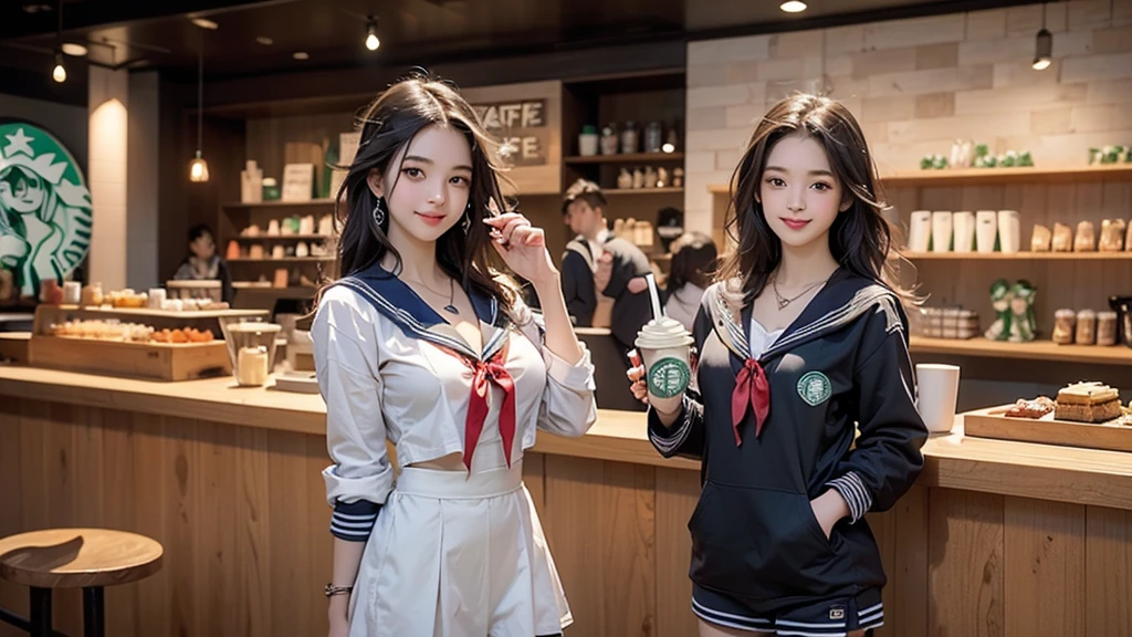 8K、RAW Photos、Highest quality、Super detailed、Super Resolution、Ultra HD、8K壁紙、Amazing details
(((Inside the Starbucks store、16 year old high school girl in sailor suit)))、Eat cake、Drink coffee、smile、Heart Necklace((Emphasize cleavage))
(Full body photo)