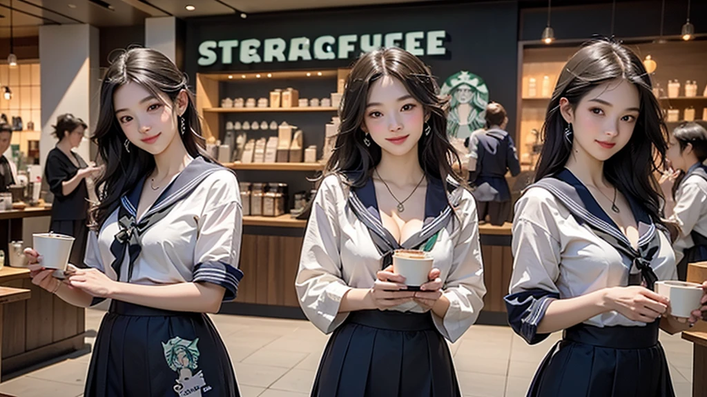 8K、RAW Photos、Highest quality、Super detailed、Super Resolution、Ultra HD、8K壁紙、Amazing details
(((Inside the Starbucks store、16 year old high school girl in sailor suit)))、Eat cake、Drink coffee、smile、Heart Necklace((Emphasize cleavage))
(Full body photo)

