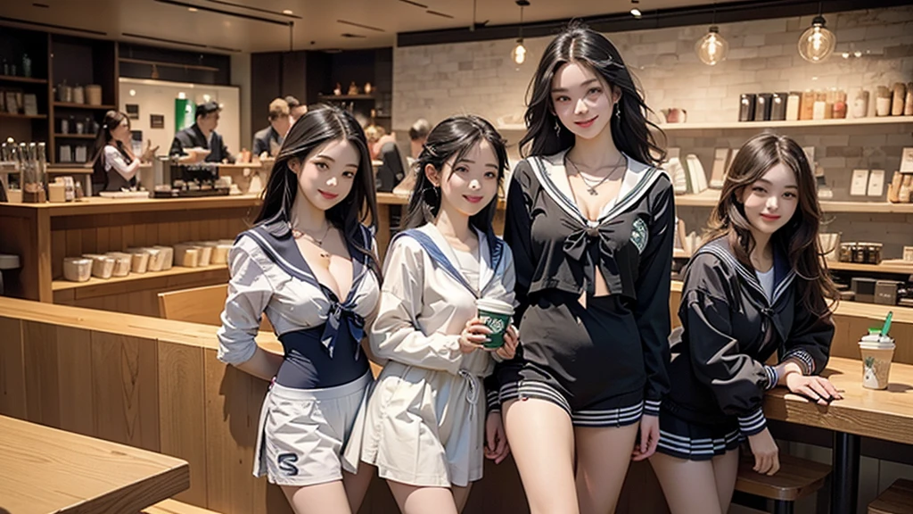 8K、RAW Photos、Highest quality、Super detailed、Super Resolution、Ultra HD、8K壁紙、Amazing details
(((Inside the Starbucks store、 high school girl in sailor suit)))、Eat cake、Drink coffee、smile、Heart Necklace((Emphasize cleavage))
(Full body photo)