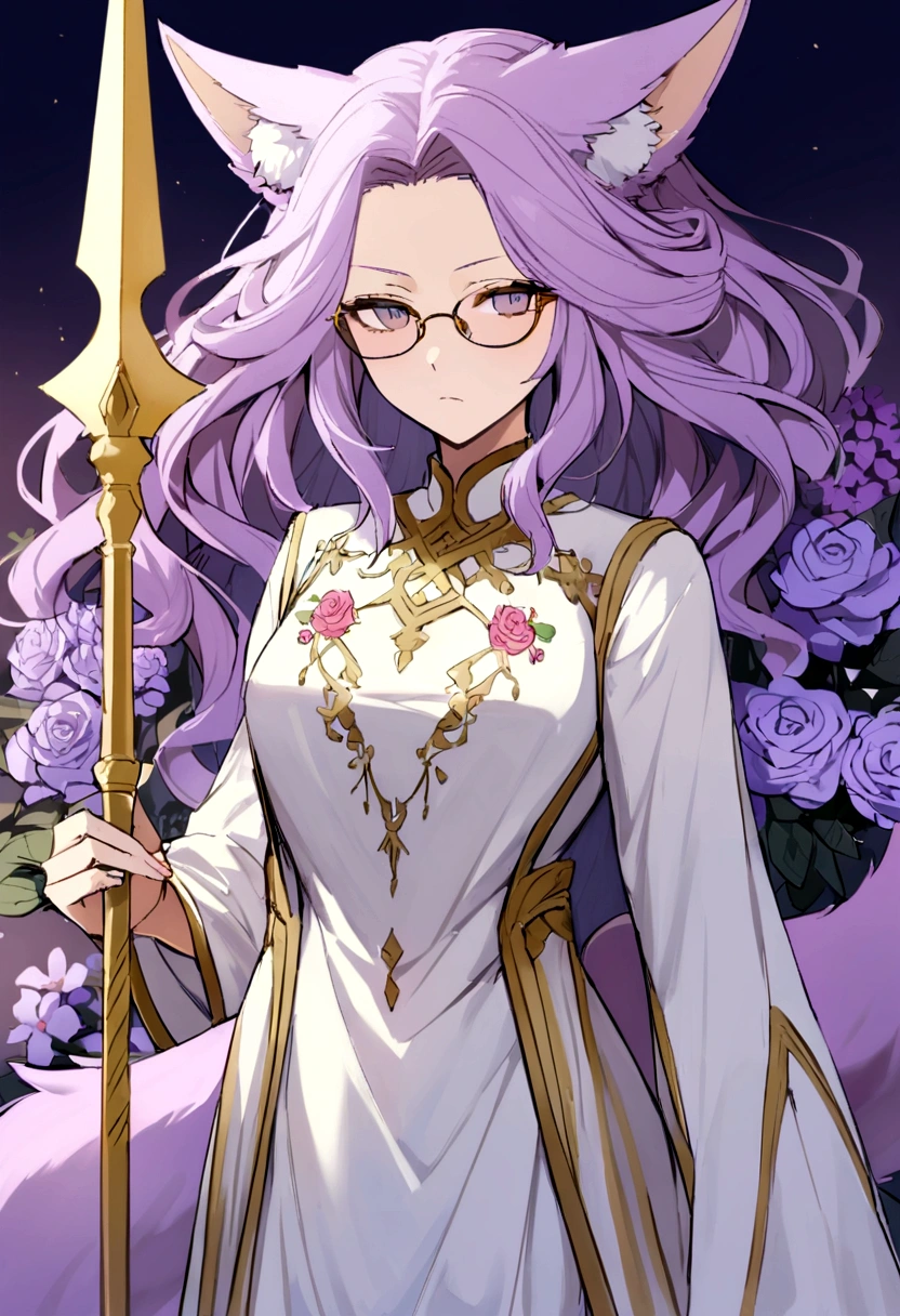 adult  woman, with lilac hair with light purple highlights, big hair, Eyeglasses, a fantasy world setting , discreet fox ears on top of head, a fox tail, vestimentas, white dress with rose embroidery, flowers, Sheets, a serious expression, but friendly. In his right hand he wears a golden lightning spear.
