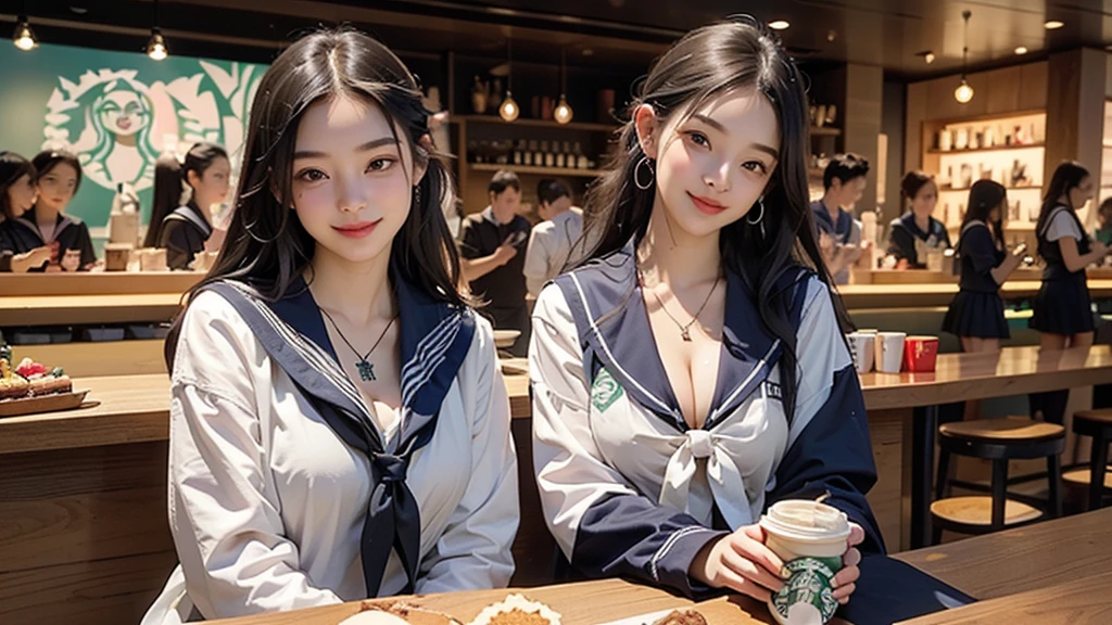 8K、RAW Photos、Highest quality、Super detailed、Super Resolution、Ultra HD、8K壁紙、Amazing details
(((Inside the Starbucks store、16 year old high school girl in sailor suit)))、Eat cake、Drink coffee、smile、Heart Necklace((Emphasize cleavage))
(Full body photo)
