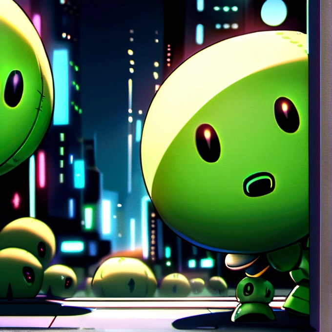 Unrealistic rendering of a tiny, cute robot in a busy environment, crowded city at night, fluffy eyes, volumetric lighting. green color