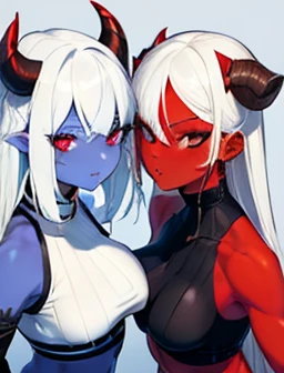 (Masterpiece, Best Quality, Ultra High Resolution),2girls,((colored skin,red skin , white skin)),black crop top, beautiful and detailed face, detailed eyes,white hair,rock punk fashion,horns,oni girl, big breasts