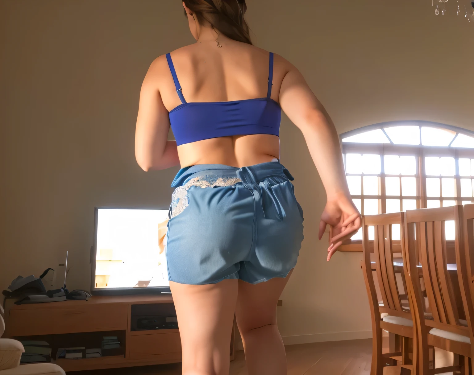 there is a woman in a blue bra top and blue shorts, view from the back, seen from the back, middle shot waist up, toned derriere, rear-shot, view from behind, from the back, backview, long shot from the back, shapely toned derriere, shot from the back, shapely derriere, from back