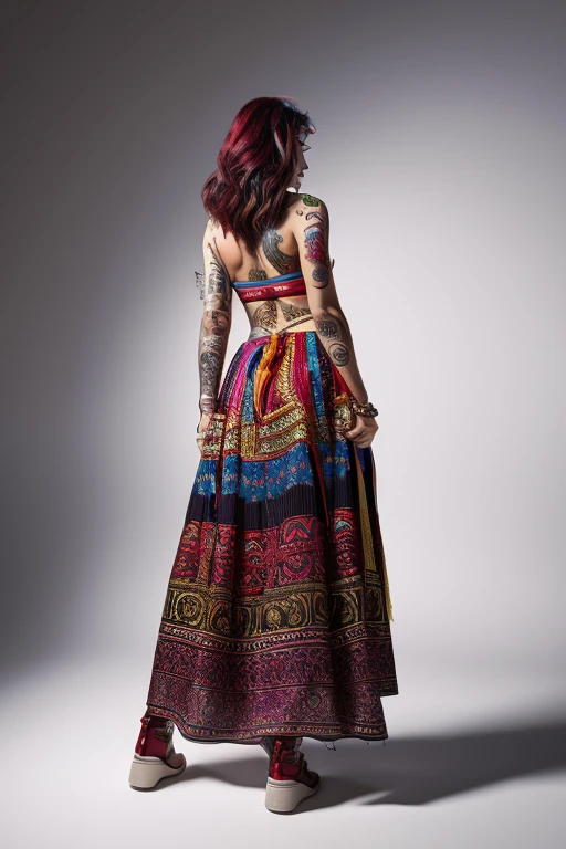 artistic ethnic white and red hair curve line. real  tatoos multicolor. true red  purple oiled beauties posing multicolor and dark balance hue. emotional reflect animal feeling illusion back side view. 3d realistic 8k illustration higher details. arts, sciences, celebrities, fashion. shine dark ligth.