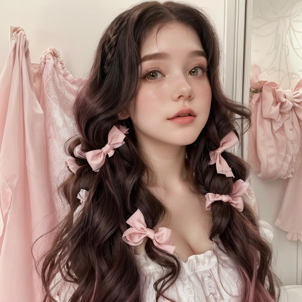 there is a woman with long hair and a white dress, wearing a pink hair bow, ribbon in her hair, pigtails hairstyle, with long curly hair, giant pink curls, beautiful dolphin, Anna Nikonova aka Newmilky, using hair bow, cute aesthetic with flutter, with long curly, curtain bangs, two pigtails hairstyle, Kailee Mandel