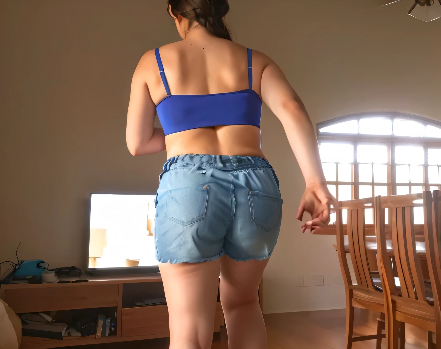 there is a woman in a blue bra top and blue shorts, view from the back, seen from the back, middle shot waist up, toned derriere, rear-shot, view from behind, from the back, backview, long shot from the back, shapely toned derriere, shot from the back, shapely derriere, from back
