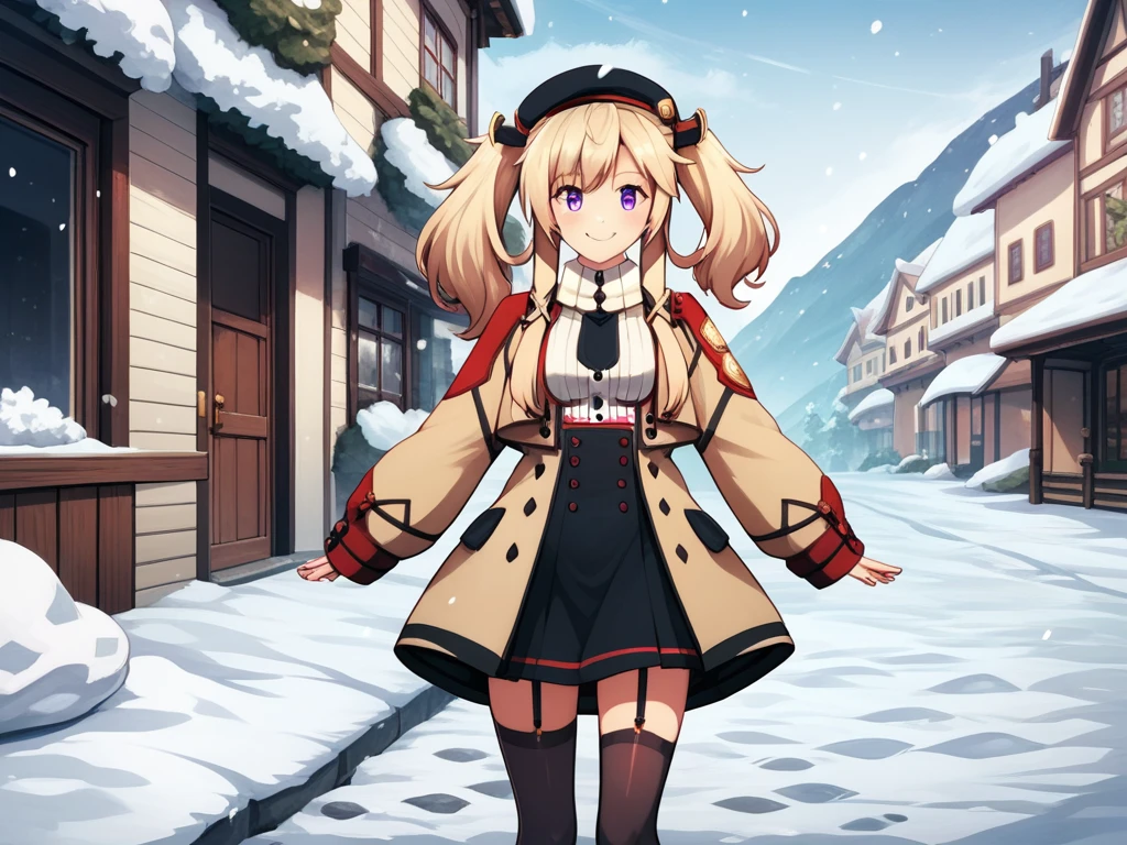 SashaNecron, blonde hair, twintails, solo,  uniform, black thighhighs, garter straps, hair ornament, light smile, purple eyes,Pea coat, white scarf, long sleeves, score_9,  score_8_up, score_7_up, score_6_up, source_anime, happy,pea coat,beret,fluffy scarf,maxi skirt ,outdoors, winter,snow, Best Quality, High resolution, Extremely detailed, Detailed background, Perfect Lighting