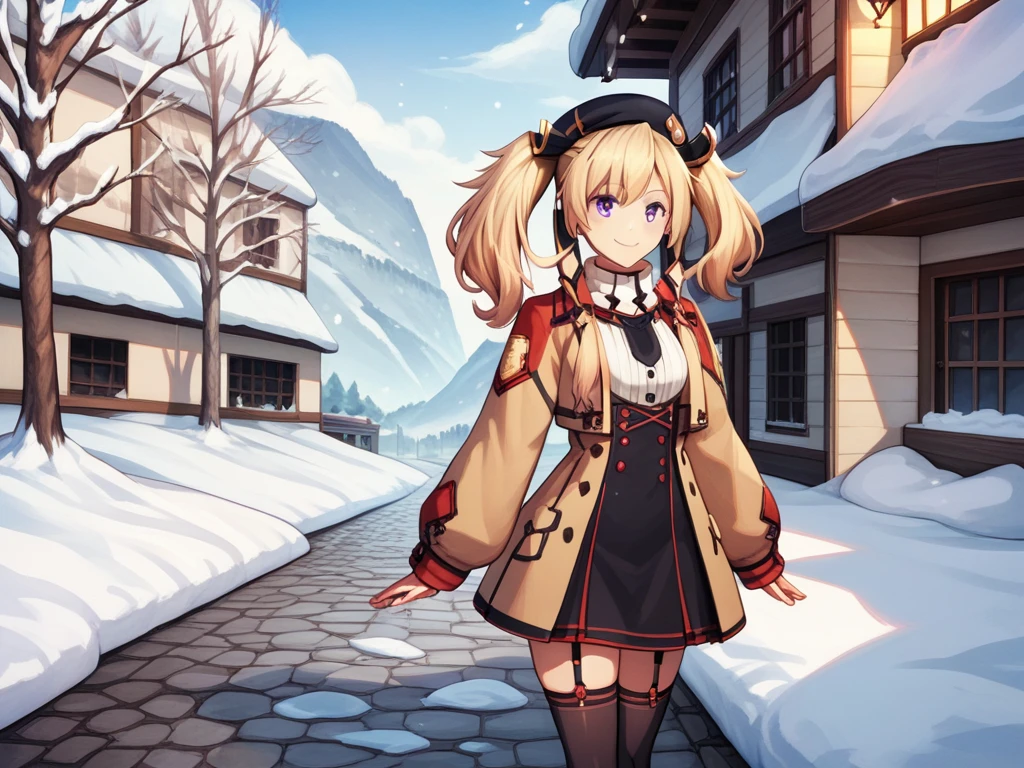 SashaNecron, blonde hair, twintails, solo,  uniform, black thighhighs, garter straps, hair ornament, light smile, purple eyes,Pea coat, white scarf, long sleeves, score_9,  score_8_up, score_7_up, score_6_up, source_anime, happy,pea coat,beret,fluffy scarf,maxi skirt ,outdoors, winter,snow, Best Quality, High resolution, Extremely detailed, Detailed background, Perfect Lighting