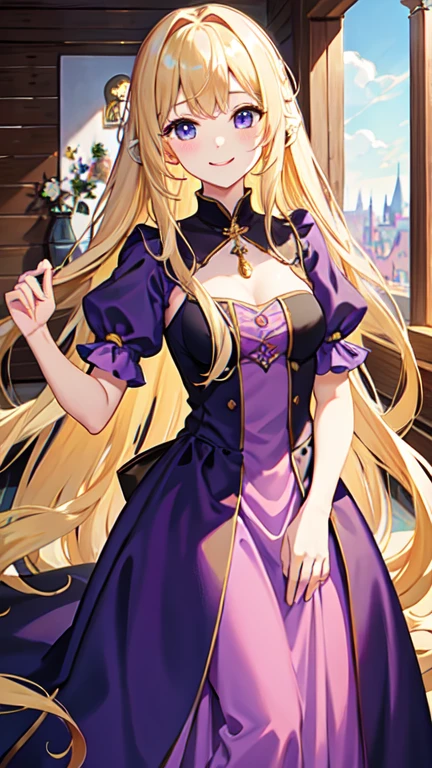 masterpiece, Highest quality, High resolution,Follow the prompts、Long blonde、Rapunzel in the Tower、Purple Dress、、smile、cute