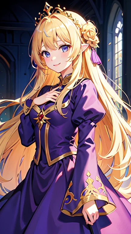 masterpiece, Highest quality, High resolution,Follow the prompts、Long blonde、Rapunzel in the Tower、Purple Dress、、smile、cute