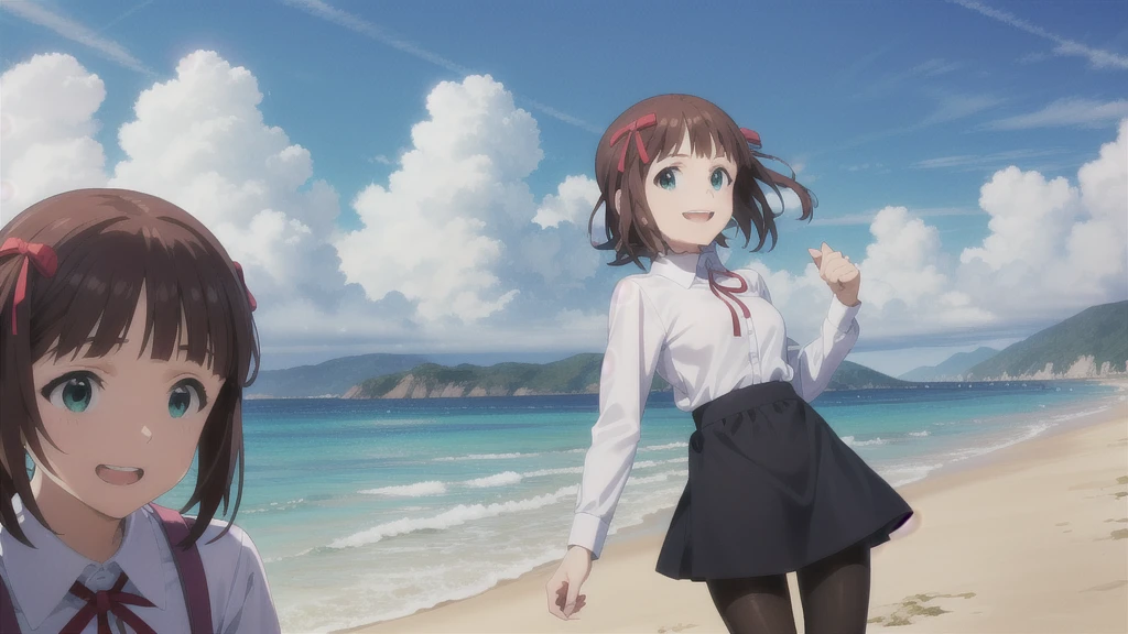 (((Pixel Perfect, Perfect in every detail))),alone,1人of女of子,Amami Haruka,red ribbons,View your viewers,smile,Happy,
Day,null,cumulus clouds,in spring,High resolution,colorful,Volumetric lighting,
depth_of_Field,alone_concentrated,depth of Field,Front view,whole body,
Teen,skinny,thin,thin,(expensive:1.1),
,(blue dress),School_uniform,length_sleeve,shirt,dress,white_shirt,collared_shirt,head_ribbon,apron_dress,Best,wing_collar,(Lace-up_boots:1.1),(black_pantyhose:1.4),Panty lines,
Outdoor,Beach,
(Skin Dentition:1.4),thin thighs,