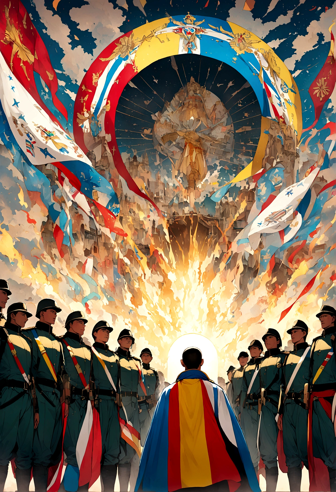 Archangel blessing soldier in a war while an Ecuadorian flag flies in the background