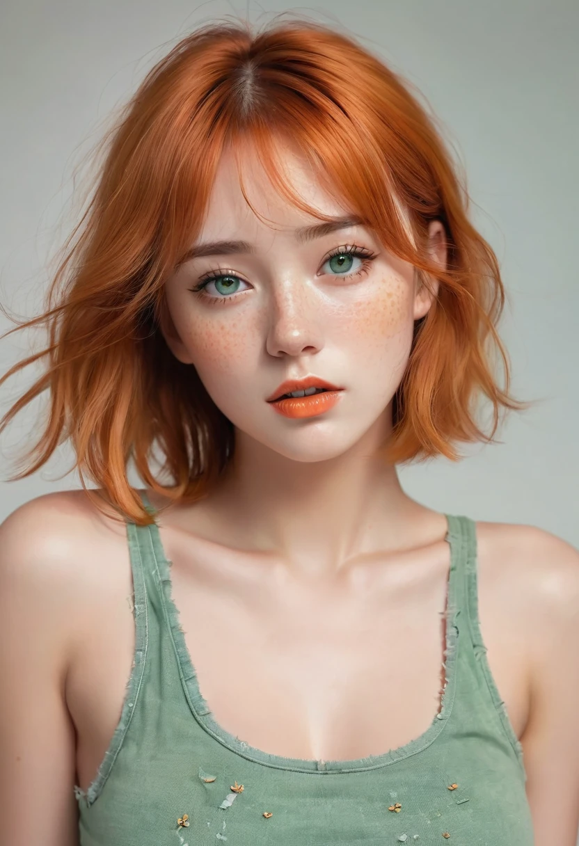 Here's a detailed prompt in English for drawing a beautiful girl:

Imagine a full body stunning girl with glossy lipstick, freckles on her delicate face, and short, orange hair with a subtle sheen. Her eyes are large, with a slight tilt, and they're a captivating shade of green tinged with yellow. Her face is gentle, framed by long eyelashes that accentuate her expressive eyes. She's dressed in a torn tank top that exposes her midriff, revealing a very provocative belly button. She pairs this with sky blue skinny jeans.