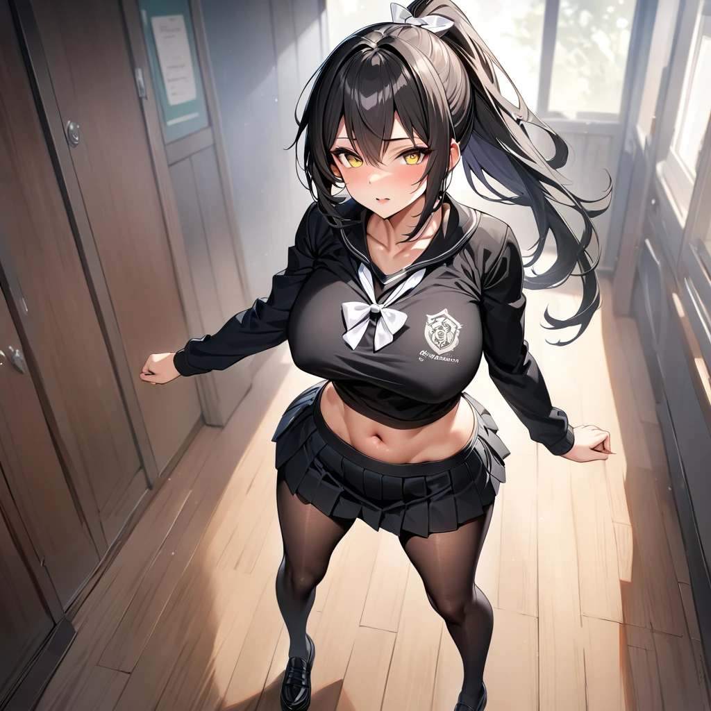 A woman wearing a black school t-shirt with long sleeves, short black skirt, black tights, black women's shoes, exposed abdomen, large breasts, white bow around her neck, long black hair, ponytail, white bow in her hair, walking in a Japanese school room, yellow eyes, full body, bloom, very detailed ultra definition, HDR, masterpiece, perfect texture, masterpiece, 8K HD (woman alone)