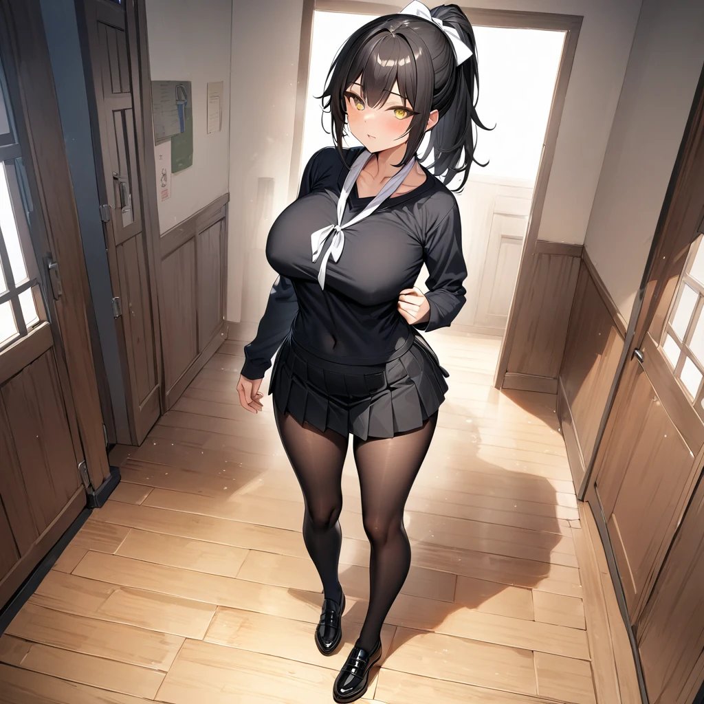 A woman wearing a black school t-shirt with long sleeves, short black skirt, black tights, black women's shoes, exposed abdomen, large breasts, white bow around her neck, long black hair, ponytail, white bow in her hair, walking in a Japanese school room, yellow eyes, full body, bloom, very detailed ultra definition, HDR, masterpiece, perfect texture, masterpiece, 8K HD (woman alone)