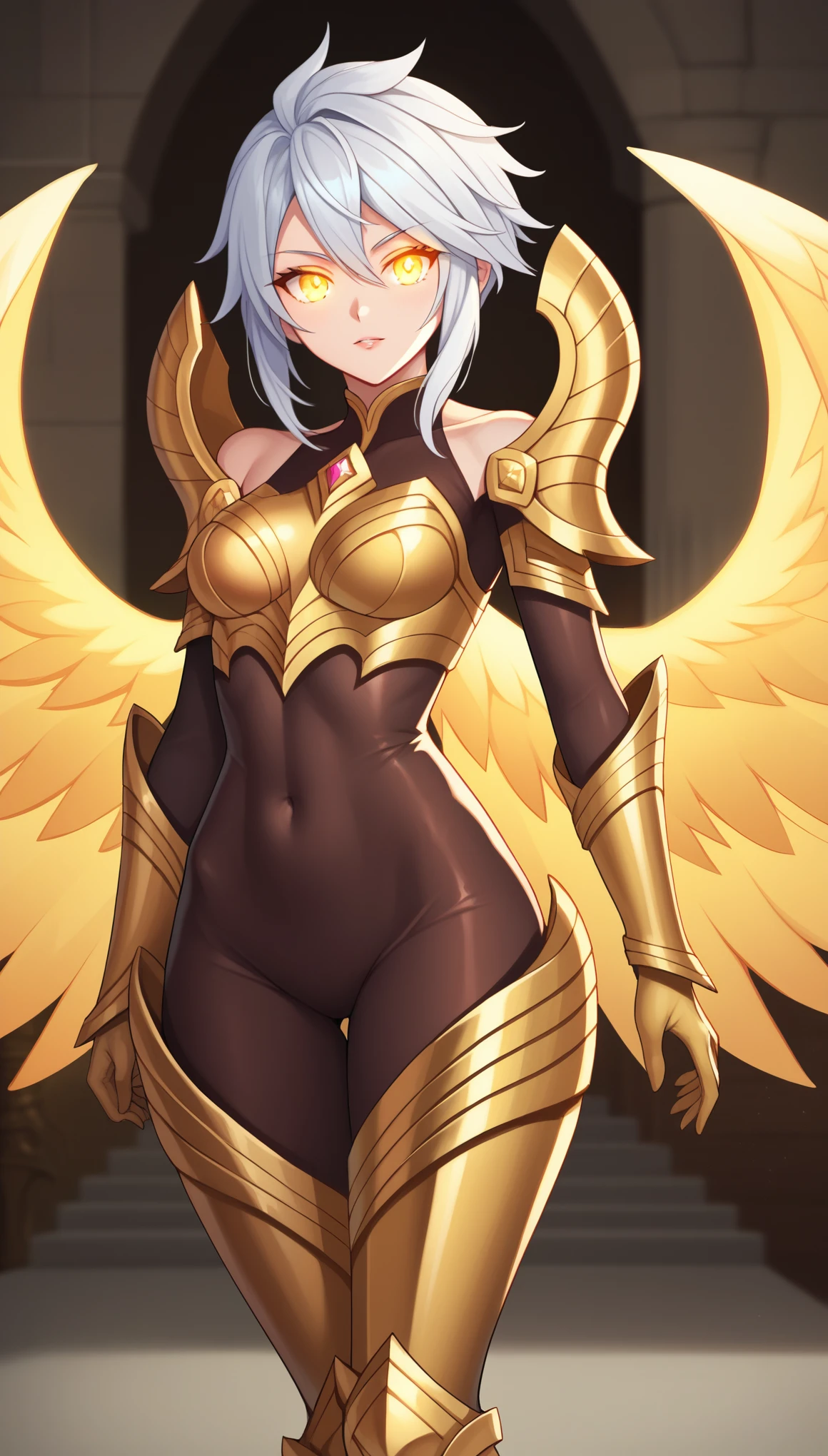 score_9, score_8_up, score_7_up, score_6_up, score_5_up, score_4_up, BREAK, KayleLoLXL, glowing eyes, yellow eyes, white hair, short hair, long hair strand, medium breasts, yellow wings, gold armor, gold shoulder armor, arm armor, gold gloves, gold breastplate, brown bodysuit, gold leg armor, gold armored boots, solo, standing, looking at viewer, indoors