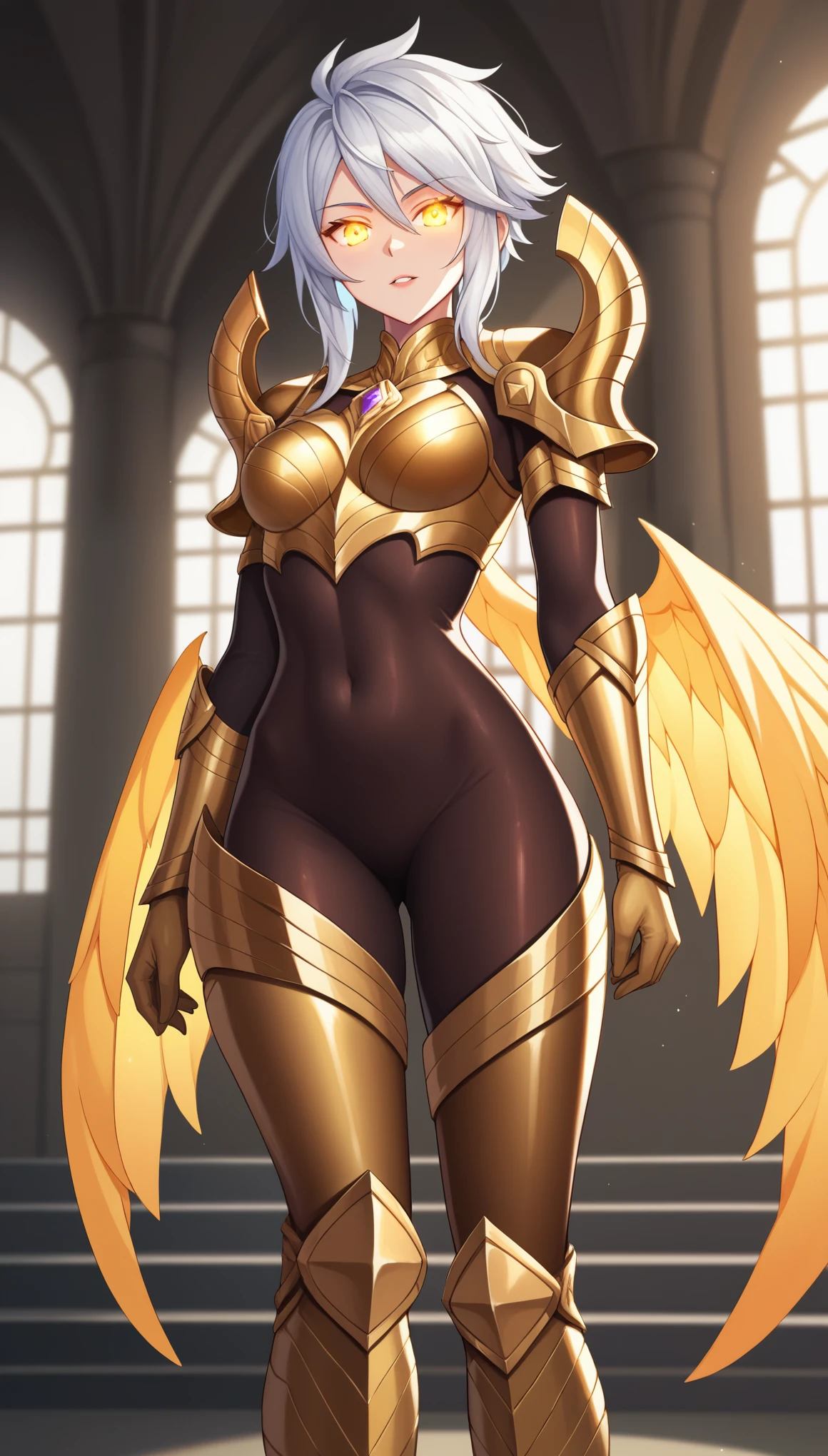 score_9, score_8_up, score_7_up, score_6_up, score_5_up, score_4_up, BREAK, KayleLoLXL, glowing eyes, yellow eyes, white hair, short hair, long hair strand, medium breasts, yellow wings, gold armor, gold shoulder armor, arm armor, gold gloves, gold breastplate, brown bodysuit, gold leg armor, gold armored boots, solo, standing, looking at viewer, indoors