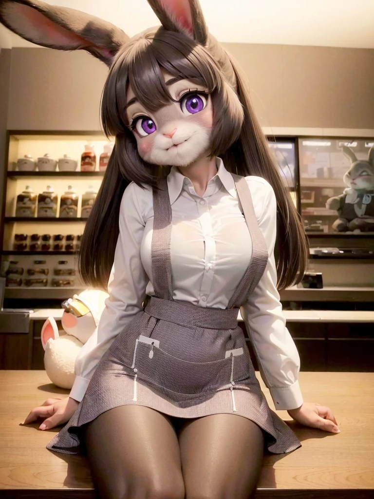 Highest quality, masterpiece, Ultra-realistic, Super detailed, Beautiful details, 4K, 8K, Photo realistic, Realistic lighting.

upper body shot,
Looking at Viewer, Looking at Camera,
((at konbini)), store clerk, at midnight, 

((Anthropomorphic rabbit)),
((woman body)),
((7 heads tall)),
((Rabbit woman)),
Detailed animals,
Complex patterns,
(Furry:1.35),
(All skin is grey:1.3),
(The body is fluffy and bushy:1.3),
Realistic fur,

Human hands,

(((Judy Hopps face))), 
((Aoki Reika facial expression)), 
((ponytail)), 
((see-through bangs)), bangs, 
((dark brown hair color)), 
Purple eyes, 
{Eye highlights, Clear eyes, Eyes sparkling, round pupils}, 
Detailed Iris, 
(Eyebrows raised:1.2), 
(Crescent eyebrows:1.3), 
(Rabbit ears:1.3), 
raised corners of mouth.


The lady is wearing apron over a shirt.
She is wearing a brown apron over a white shirt
((brown apron)) BREAK ((white shirt)).

(solo:1.5), (1girl:1.5).

Perfect Anatomy. 

Lighting front, Lighting forward, Intricate details, Ray Tracing, Realistic, 