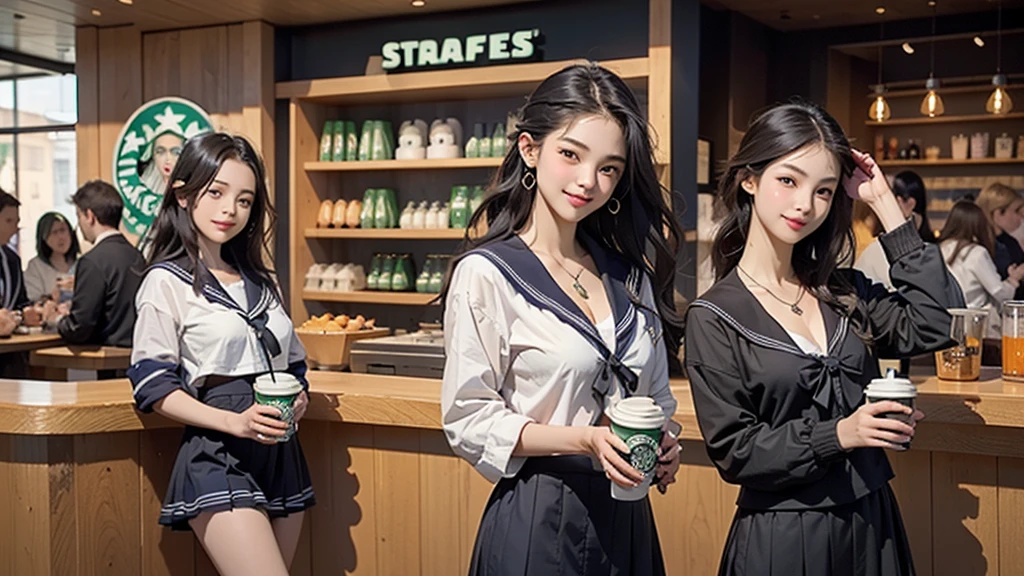8K、RAW Photos、Highest quality、Super detailed、Super Resolution、Ultra HD、8K壁紙、Amazing details
(((Inside the Starbucks store、16 year old high school girl in sailor suit)))、Eat cake、Drink coffee、smile、Heart Necklace((Emphasize cleavage))
(Full body photo)
