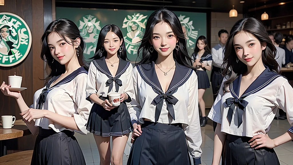 8K、RAW Photos、Highest quality、Super detailed、Super Resolution、Ultra HD、8K壁紙、Amazing details
(((Inside the Starbucks store、16 year old high school girl in sailor suit)))、Eat cake、Drink coffee、smile、Heart Necklace((Emphasize cleavage))
(Full body photo)