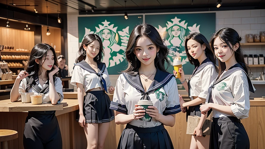 8K、RAW Photos、Highest quality、Super detailed、Super Resolution、Ultra HD、8K壁紙、Amazing details
(((Inside the Starbucks store、 high school girl in sailor suit)))、Eat cake、Drink coffee、smile、Heart Necklace((Emphasize cleavage))
dy photo)
