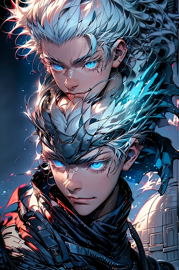 Satoru gojo, 1man, 1men, male character, white hair, glowing blue eyes, jujutsu Kaisen character, close up take, portrait take, full hd, 4k, intrincated, dinamic lights, professional digital draw.