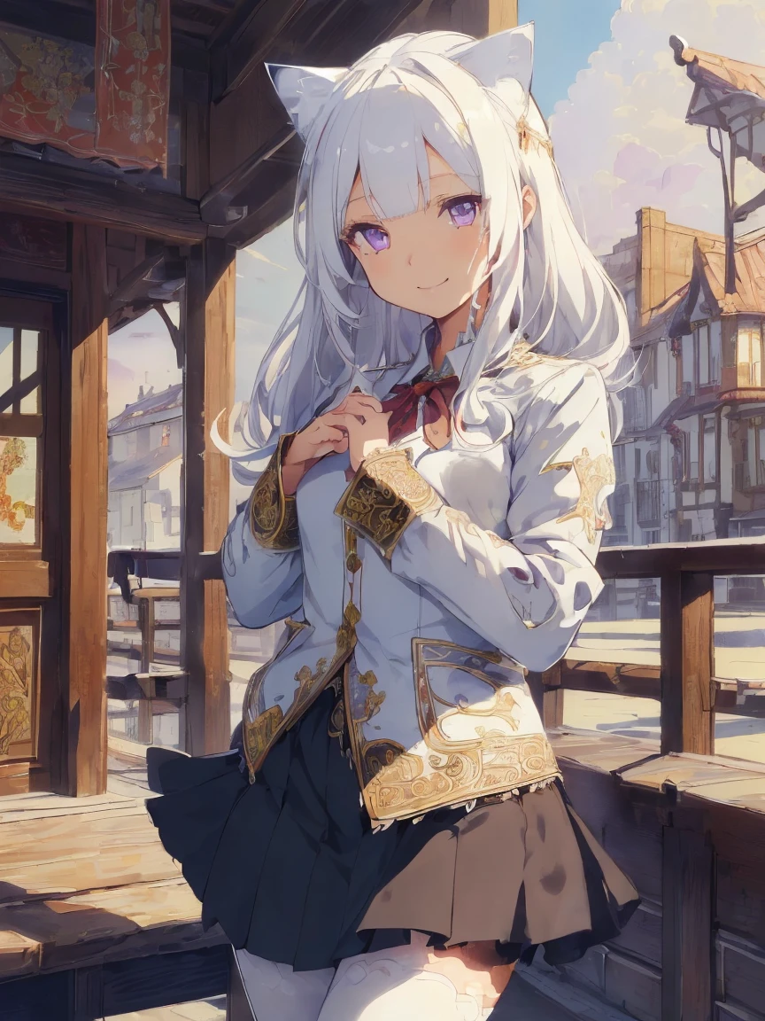 (((masterpiece))), (((Highest quality))), ((Very detailed)), ((Very detailedなイラスト)), ((Ultra-fine painting)), (16K Highest quality wallpaper:1.4), (Detailed and elaborate illustration style,:1.8) Detailed skin texture, High quality fabric, , (T-masterpiece), (Very detailedな顔:1.4), original, RAW Photos, Professional, Intricate details, Very detailed, Direct sunlight:1.6, ,(Cowboy Shot:1.9)、(Perfect Anatomy:1.4), (Extremely elaborate hands:1.2), (Very elaborate fingers:1.2), (Very elaborate fingers先:1.2),, (alone:1.6), (beautiful and adorable cat ears:1.6), (Intricate and delicate cat ears:1.4), (beautiful, Shiny white hair:1.6), (Very fine and delicate white hair:1.4),, (Very detailedな顔:1.4),(Light purple eyes:1.4),(smile:1.4),Art Nouveau, beautiful芸術, One girl, View your viewers, smile, Style your hair, Black Hair, very length hair, Blunt bangs, Hair Clip, Brown eyes, blazer, shirt, Red ribbon, Checked skirt, Black Pantyhose, city, Sophisticated, Organic Form, length, Torn, Art Nouveau style